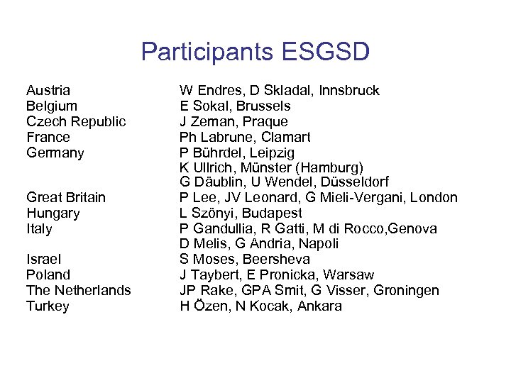 Participants ESGSD Austria Belgium Czech Republic France Germany Great Britain Hungary Italy Israel Poland