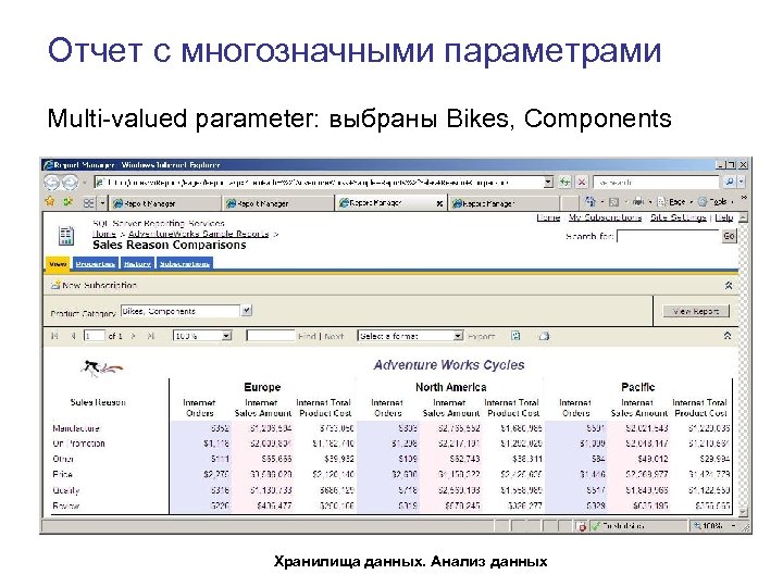 Отчет с многозначными параметрами Multi-valued parameter: выбраны Bikes, Components Хранилища данных. Анализ данных 