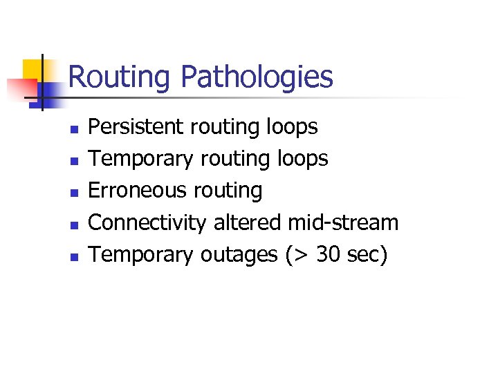 Routing Pathologies n n n Persistent routing loops Temporary routing loops Erroneous routing Connectivity