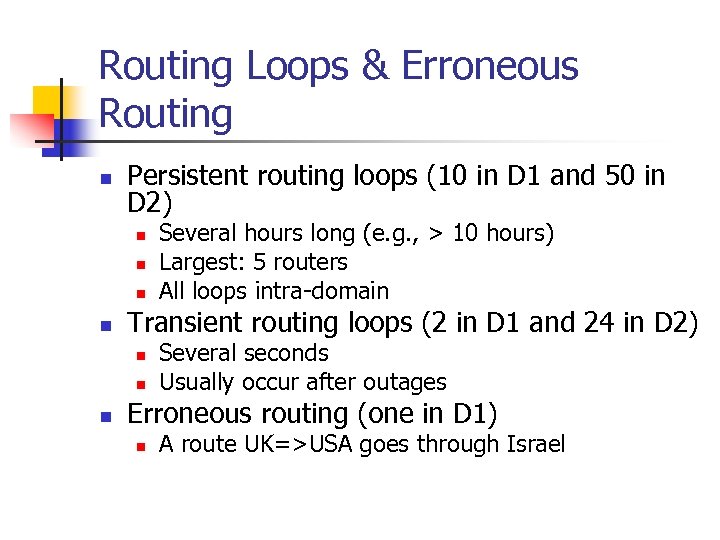 Routing Loops & Erroneous Routing n Persistent routing loops (10 in D 1 and