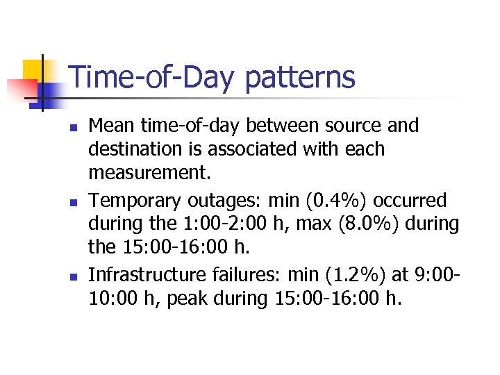 Time-of-Day patterns n n n Mean time-of-day between source and destination is associated with