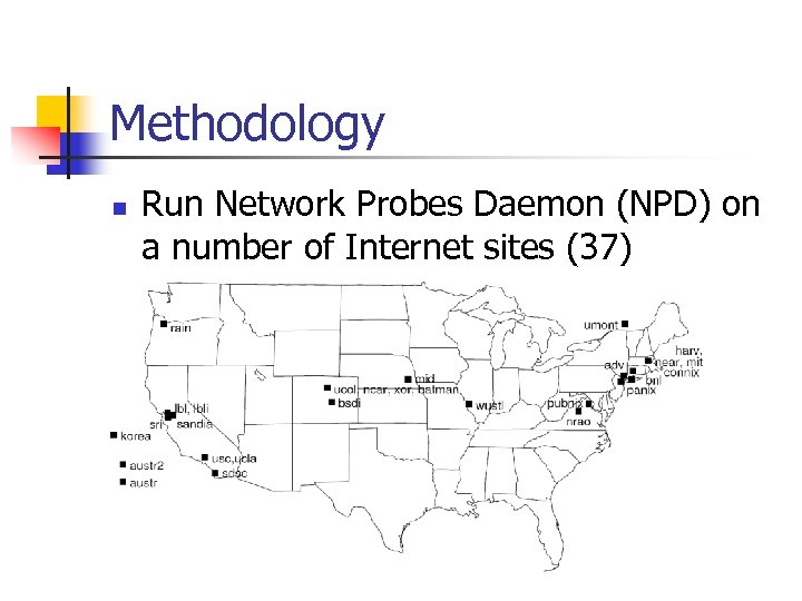 Methodology n Run Network Probes Daemon (NPD) on a number of Internet sites (37)