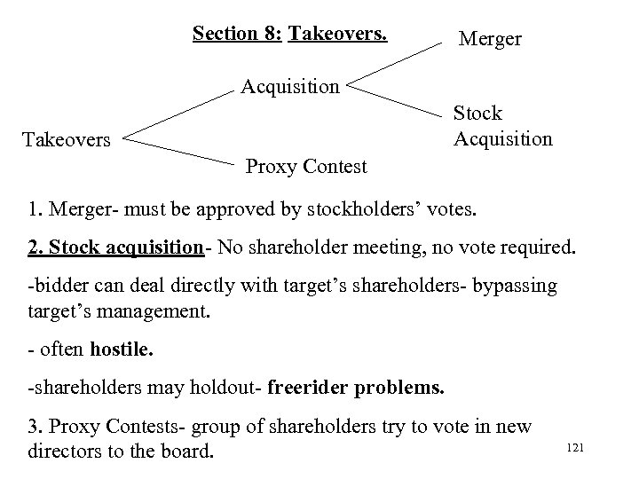 Section 8: Takeovers. Merger Acquisition Stock Acquisition Takeovers Proxy Contest 1. Merger- must