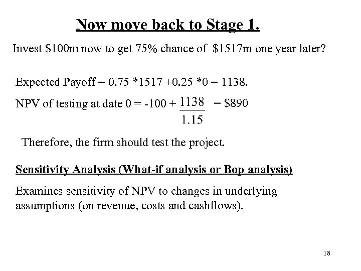  Now move back to Stage 1. Invest $100 m now to get 75%