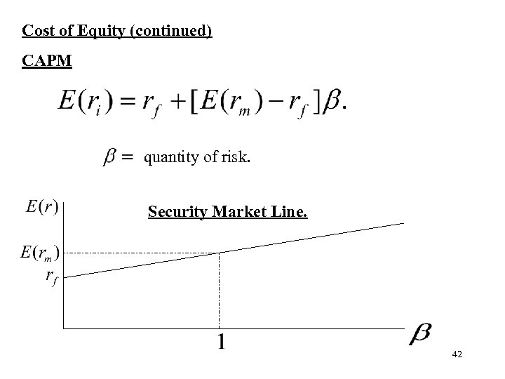 Cost of Equity (continued) CAPM quantity of risk. Security Market Line. 42 
