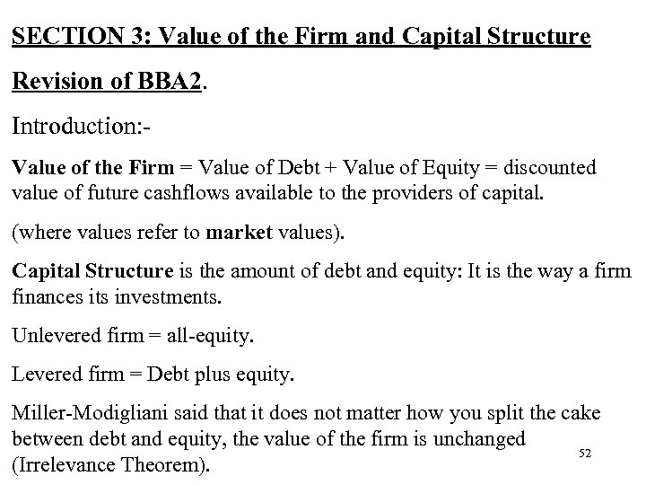 SECTION 3: Value of the Firm and Capital Structure Revision of BBA 2. Introduction: