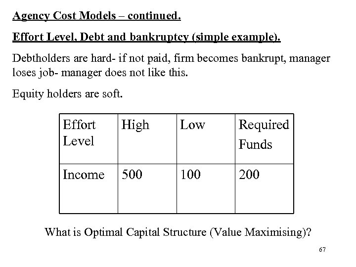 Agency Cost Models – continued. Effort Level, Debt and bankruptcy (simple example). Debtholders are