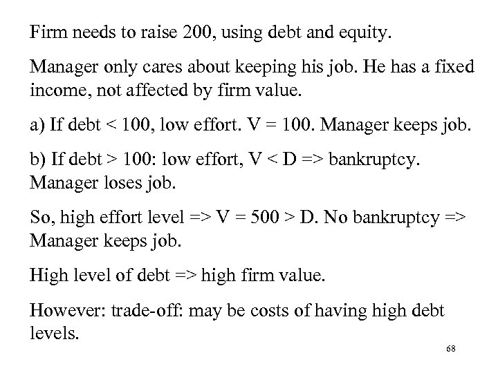 Firm needs to raise 200, using debt and equity. Manager only cares about keeping