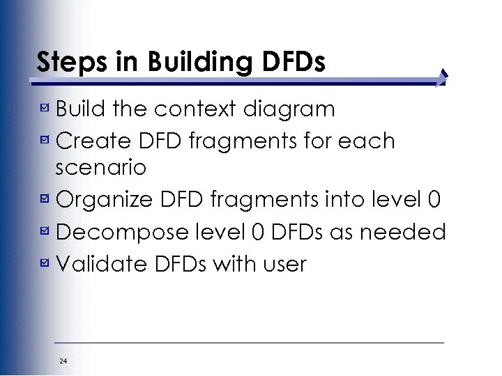 Steps in Building DFDs Build the context diagram Create DFD fragments for each scenario