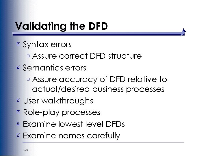 Validating the DFD Syntax errors Assure correct DFD structure Semantics errors Assure accuracy of
