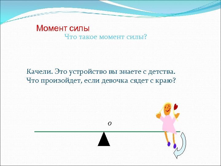 Момент силы Что такое момент силы? Качели. Это устройство вы знаете с детства. Что