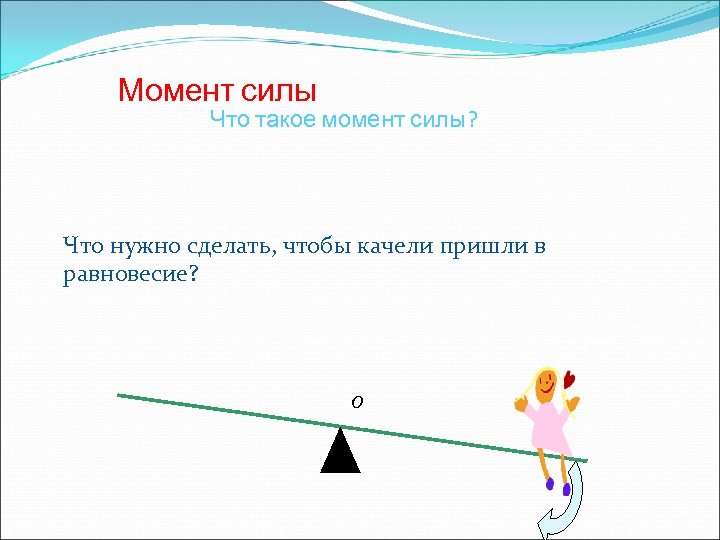 Момент силы Что такое момент силы? Что нужно сделать, чтобы качели пришли в равновесие?