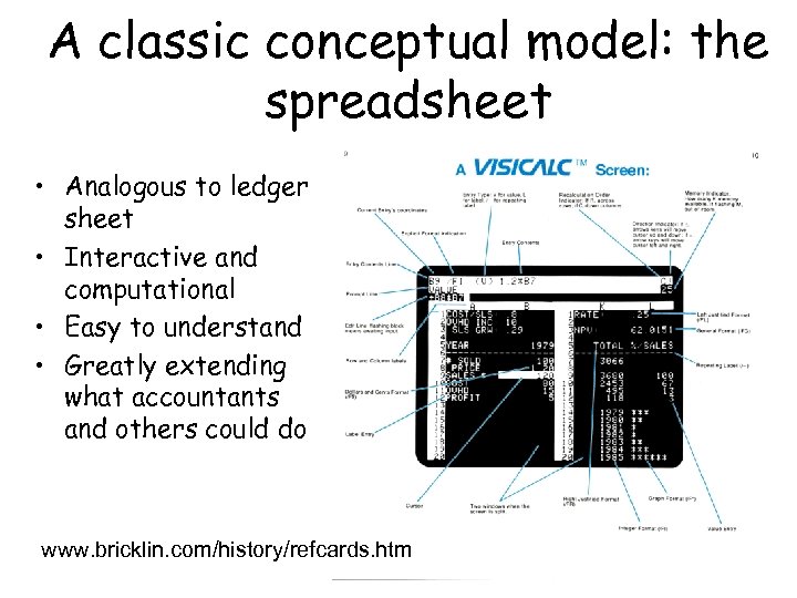 A classic conceptual model: the spreadsheet • Analogous to ledger sheet • Interactive and