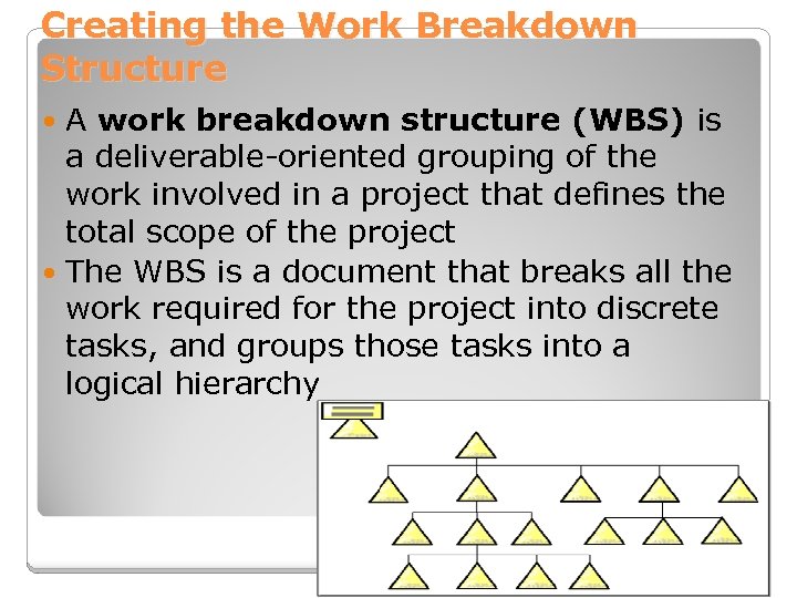 Creating the Work Breakdown Structure A work breakdown structure (WBS) is a deliverable-oriented grouping