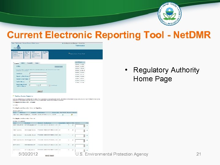 Current Electronic Reporting Tool - Net. DMR • Regulatory Authority Home Page 5/30/2012 U.