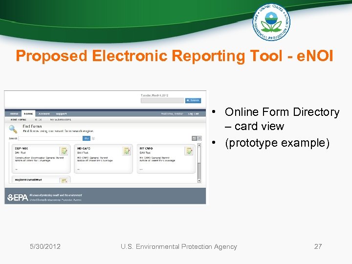 Proposed Electronic Reporting Tool - e. NOI • Online Form Directory – card view