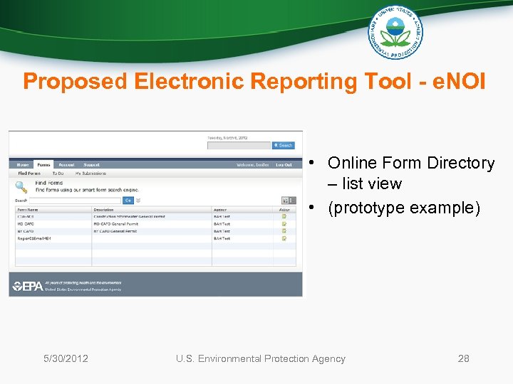 Proposed Electronic Reporting Tool - e. NOI • Online Form Directory – list view