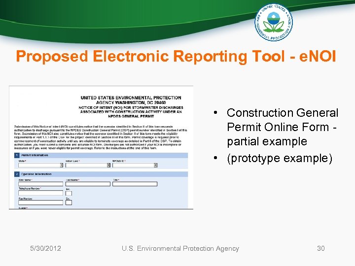 Proposed Electronic Reporting Tool - e. NOI • Construction General Permit Online Form partial