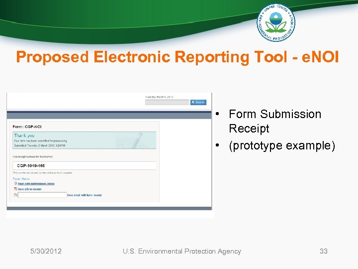 Proposed Electronic Reporting Tool - e. NOI • Form Submission Receipt • (prototype example)