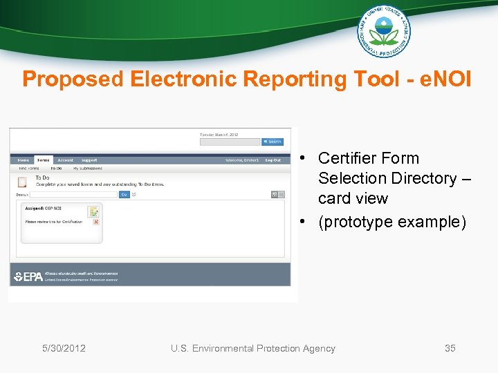 Proposed Electronic Reporting Tool - e. NOI • Certifier Form Selection Directory – card
