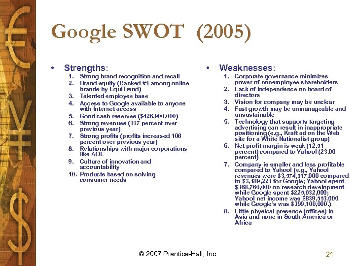 Google SWOT (2005) • • Strengths: 1. Strong brand recognition and recall 2. Brand