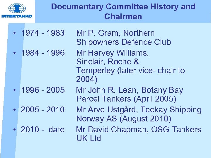 Documentary Committee History and Chairmen • 1974 - 1983 Mr P. Gram, Northern Shipowners