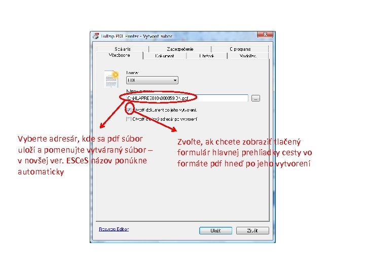 Vyberte adresár, kde sa pdf súbor uloží a pomenujte vytváraný súbor – v novšej