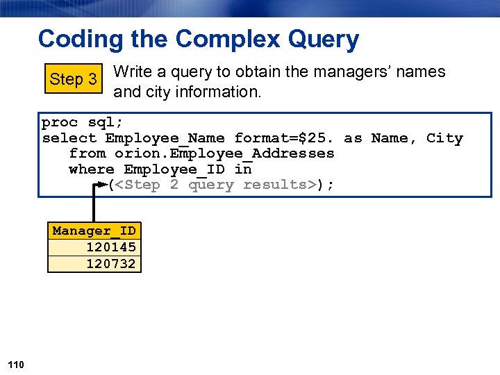 Coding the Complex Query Step 3 Write a query to obtain the managers’ names