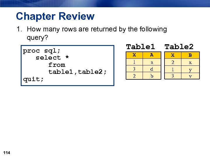 Chapter Review 1. How many rows are returned by the following query? proc sql;