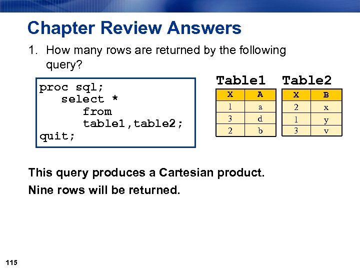 Chapter Review Answers 1. How many rows are returned by the following query? proc