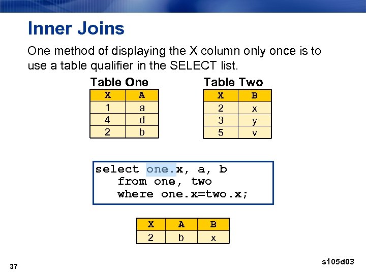 Inner Joins One method of displaying the X column only once is to use