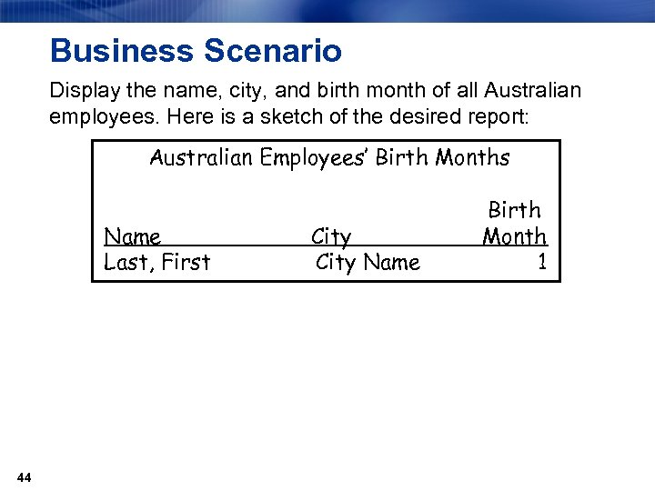 Business Scenario Display the name, city, and birth month of all Australian employees. Here