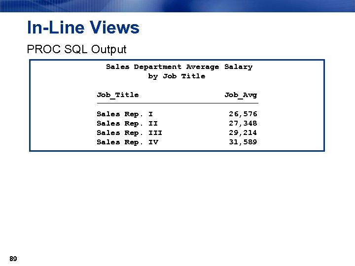 In-Line Views PROC SQL Output Sales Department Average Salary by Job Title Job_Avg ƒƒƒƒƒƒƒƒƒƒƒƒƒƒƒƒƒ