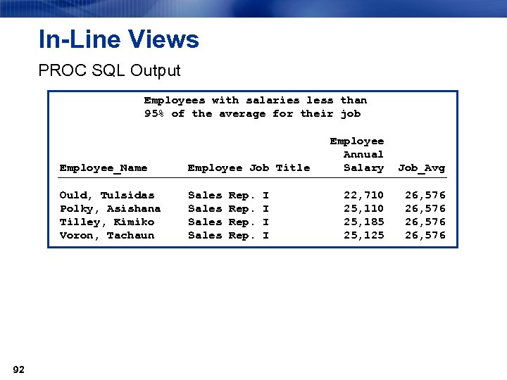 In-Line Views PROC SQL Output Employees with salaries less than 95% of the average