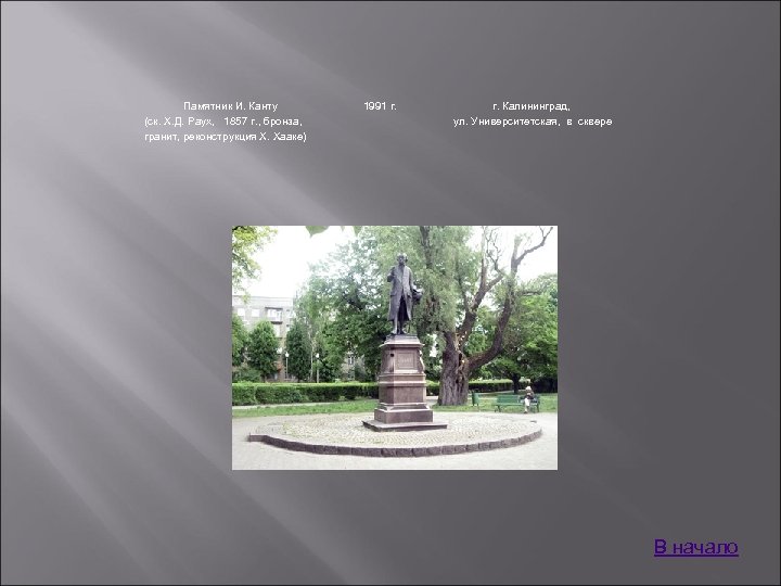 Памятник И. Канту (ск. Х. Д. Раух, 1857 г. , бронза, гранит, реконструкция Х.