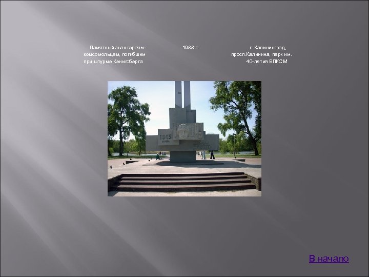 Памятный знак героямкомсомольцам, погибшим при штурме Кенигсберга 1988 г. Калининград, просп. Калинина, парк им.