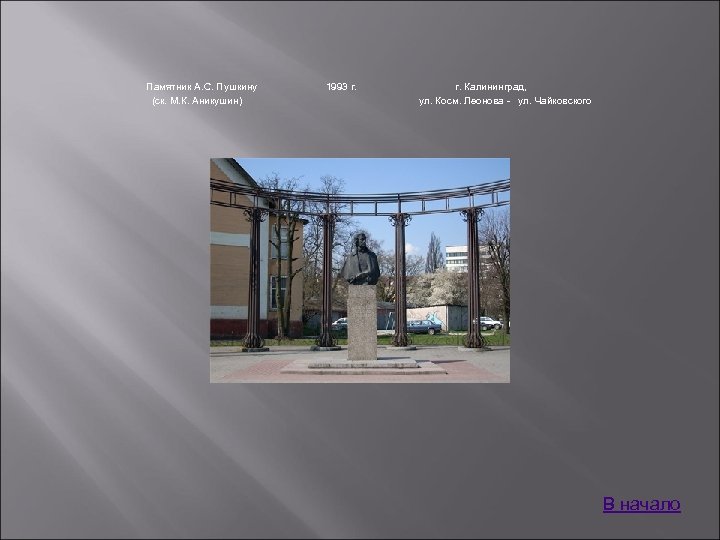 Памятник А. С. Пушкину (ск. М. К. Аникушин) 1993 г. Калининград, ул. Косм. Леонова