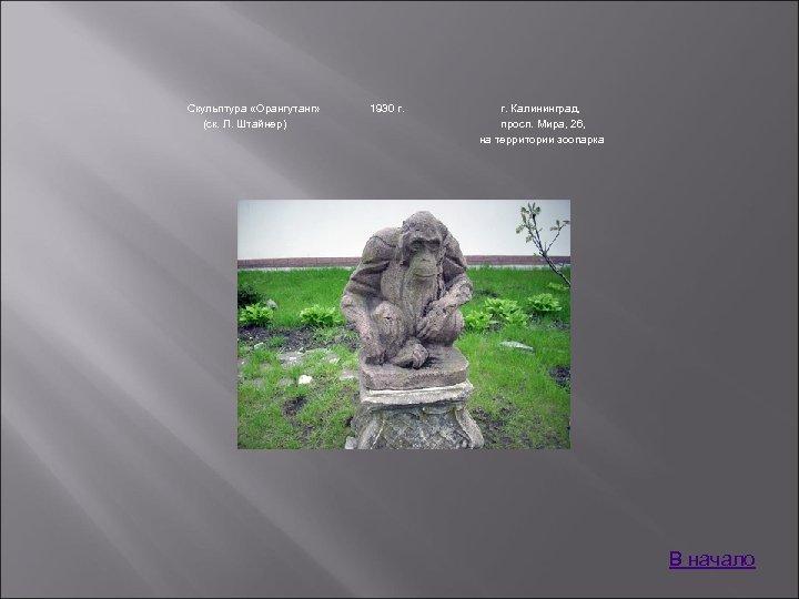 Скульптура «Орангутанг» (ск. Л. Штайнер) 1930 г. Калининград, просп. Мира, 26, на территории зоопарка