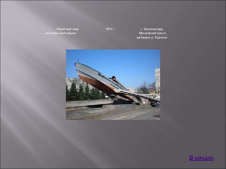 Памятный знак морякам- балтийцам 1974 г. Калининград, Московский просп. , на берегу р. Преголи