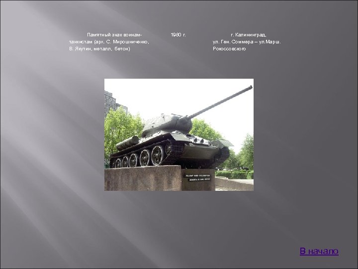 Памятный знак воинамтанкистам (арх. С. Мирошниченко, В. Якутин, металл, бетон) 1980 г. Калининград, ул.
