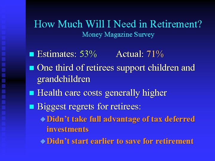 How Much Will I Need in Retirement? Money Magazine Survey Estimates: 53% Actual: 71%