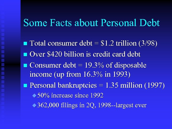 Some Facts about Personal Debt Total consumer debt = $1. 2 trillion (3/98) n