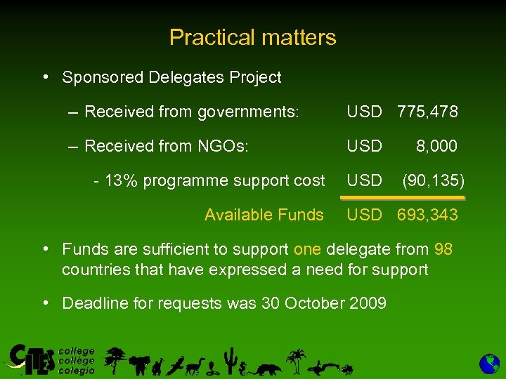 Practical matters • Sponsored Delegates Project – Received from governments: USD 775, 478 –