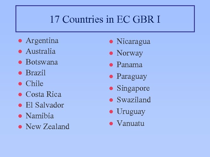 17 Countries in EC GBR I l l l l l Argentina Australia Botswana