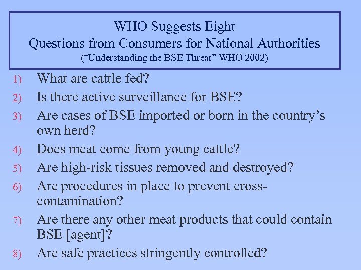 WHO Suggests Eight Questions from Consumers for National Authorities (“Understanding the BSE Threat” WHO