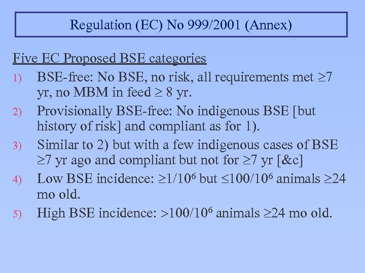 Regulation (EC) No 999/2001 (Annex) Five EC Proposed BSE categories 1) BSE-free: No BSE,