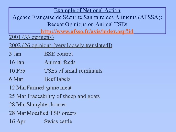 Example of National Action Agence Française de Sécurité Sanitaire des Aliments (AFSSA): Recent Opinions