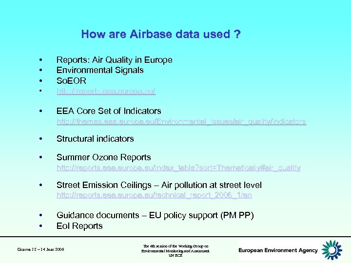 How are Airbase data used ? • • • Reports: Air Quality in Europe