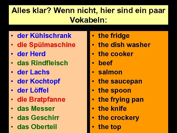 Alles klar? Wenn nicht, hier sind ein paar Vokabeln: • • • der Kühlschrank
