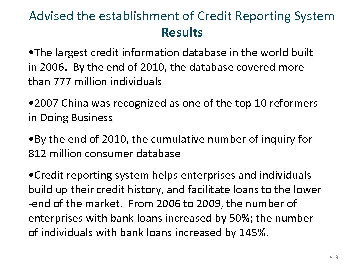 Advised the establishment of Credit Reporting System Results • The largest credit information database